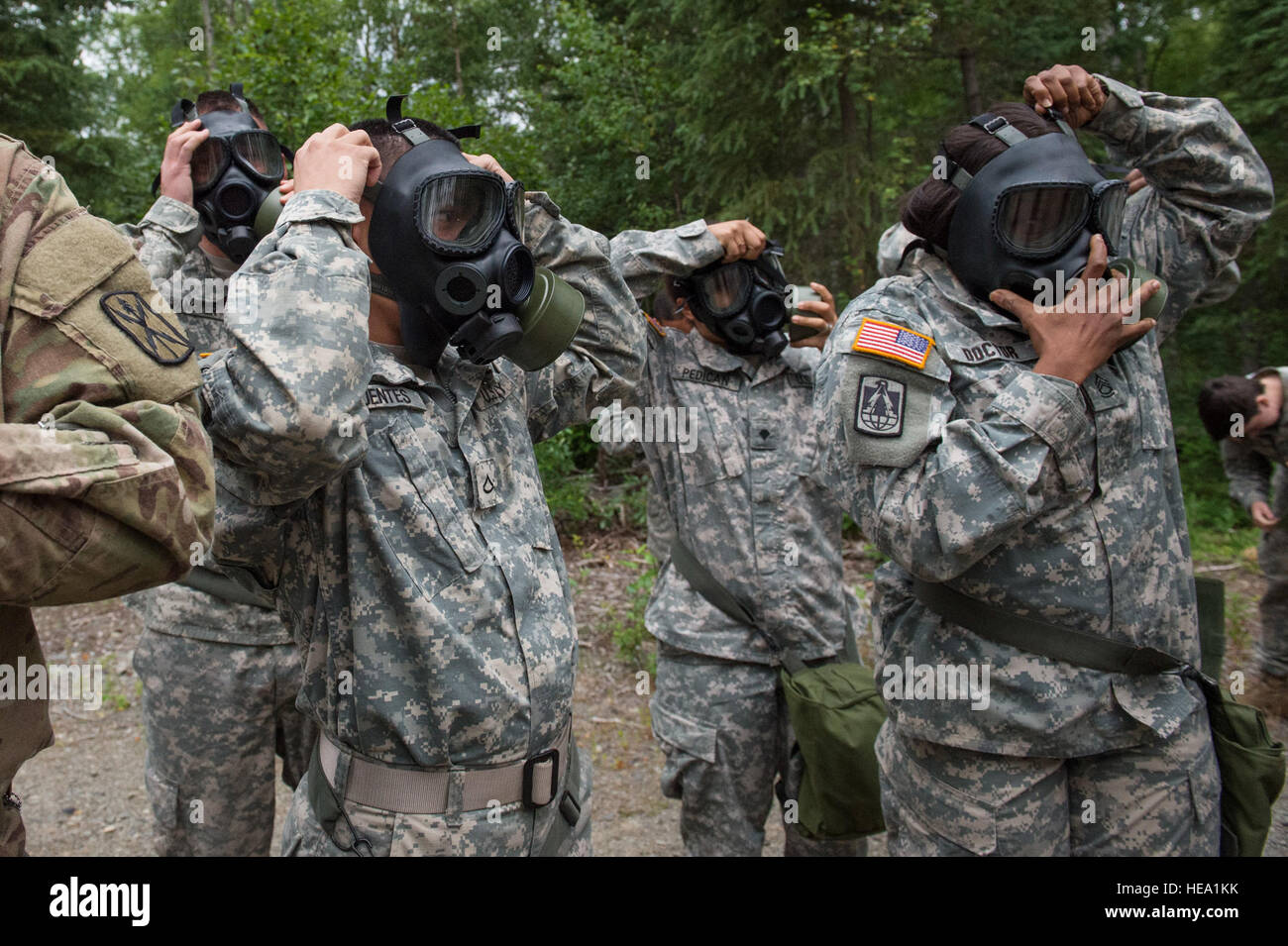 Les soldats de l'Armée américaine affecté à la Compagnie Charlie, 307e Bataillon des transmissions du Corps expéditionnaire, appliquent leur M40 Domaine des masques de protection lors d'incidents chimiques, biologiques, radiologiques et nucléaires soutien la formation sur Joint Base Elmendorf-Richardson, Alaska, le 16 juillet 2015. La formation s'est terminée par des soldats masqués dans une chambre scellée remplie de gaz CS, également connu sous le nom de gaz lacrymogènes, puis de retirer leur équipement de protection pour renforcer la confiance dans leurs équipements. Alejandro Pena) Banque D'Images