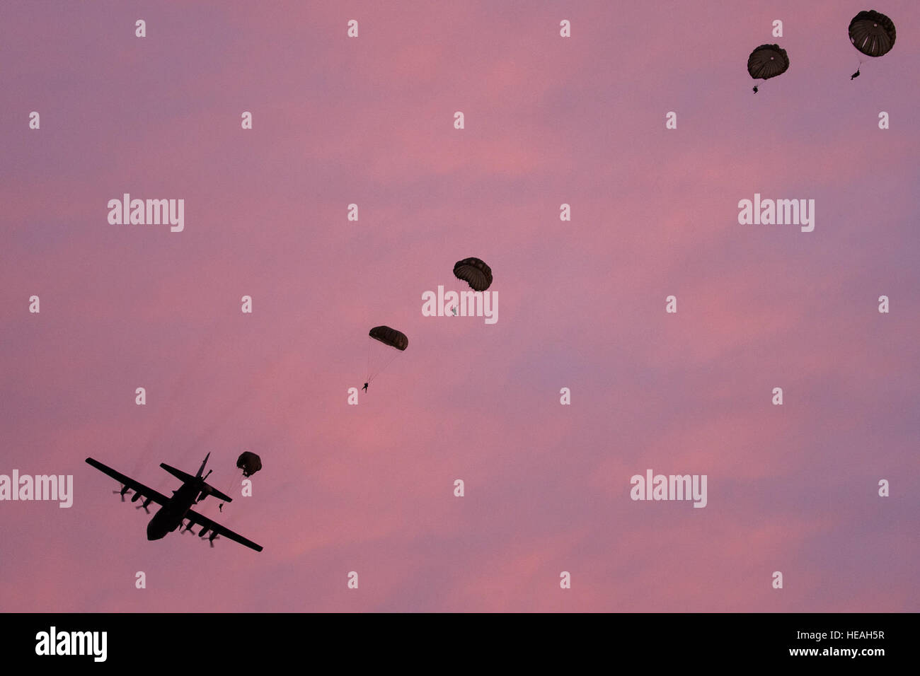 Les marines de l'Armée de l'Air saut de C-130 Hercules à Yokota Air Base, Japon, le 11 mai 2016, pendant la semaine de saut. Les Marines ont été à partir de la 3e Bataillon de Reconnaissance, 3e Division de marines, III Marine Expeditionary Force et le C-130 a été affecté à la 36e Escadron de transport aérien à Yokota AB. La formation n'est pas autorisé que les Marines de pratiquer le saut, mais il a également permis à l'équipage de vol d'entraînement Yokota tactiques et timed-package de gouttes. Yasuo Osakabe) Banque D'Images