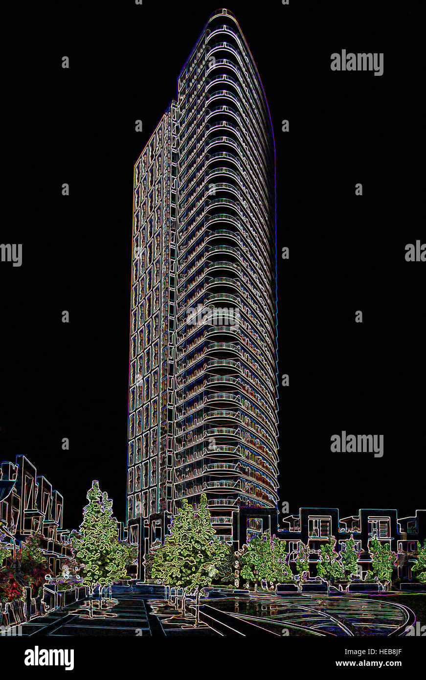 Highrise Building - image manipulée numériquement avec bords rougeoyants, Abstrait Architecture et paysage urbain sur fond noir Banque D'Images