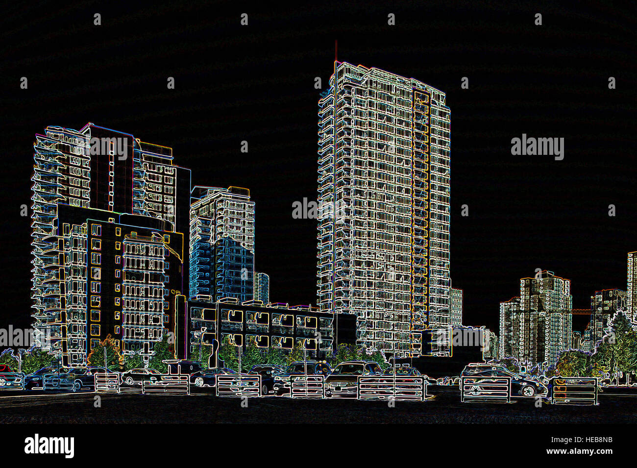 Les tours d'habitation - image manipulée numériquement avec bords rougeoyants, paysage urbain et architecture abstraite sur fond noir Banque D'Images