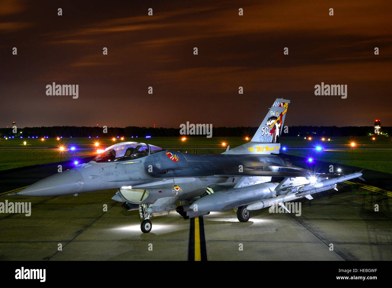 La 20e Escadre de chasse F phare-16CM Fighting Falcon est garé sur la voie de circulation echo off la Shaw Air Force Base flightline, le 4 juin 2015, S.C. la queue de l'avion de chasse a été récemment peint pour commémorer les 50 ans de l'emblématique Wild Weasel mission. Le Wild Weasel concept a été mis au point par la United States Air Force en 1965, après l'introduction de missiles sol-air soviétiques et leurs avions d'attaque américain de downing dans les cieux de l'Amérique du Vietnam. Au cours de la guerre du Vietnam, le soviétique SA-2 SAM menacé d'arrêter les opérations aériennes sur le Nord du Vietnam. Pour supprimer et détruire cette menace, les États-Unis. Banque D'Images