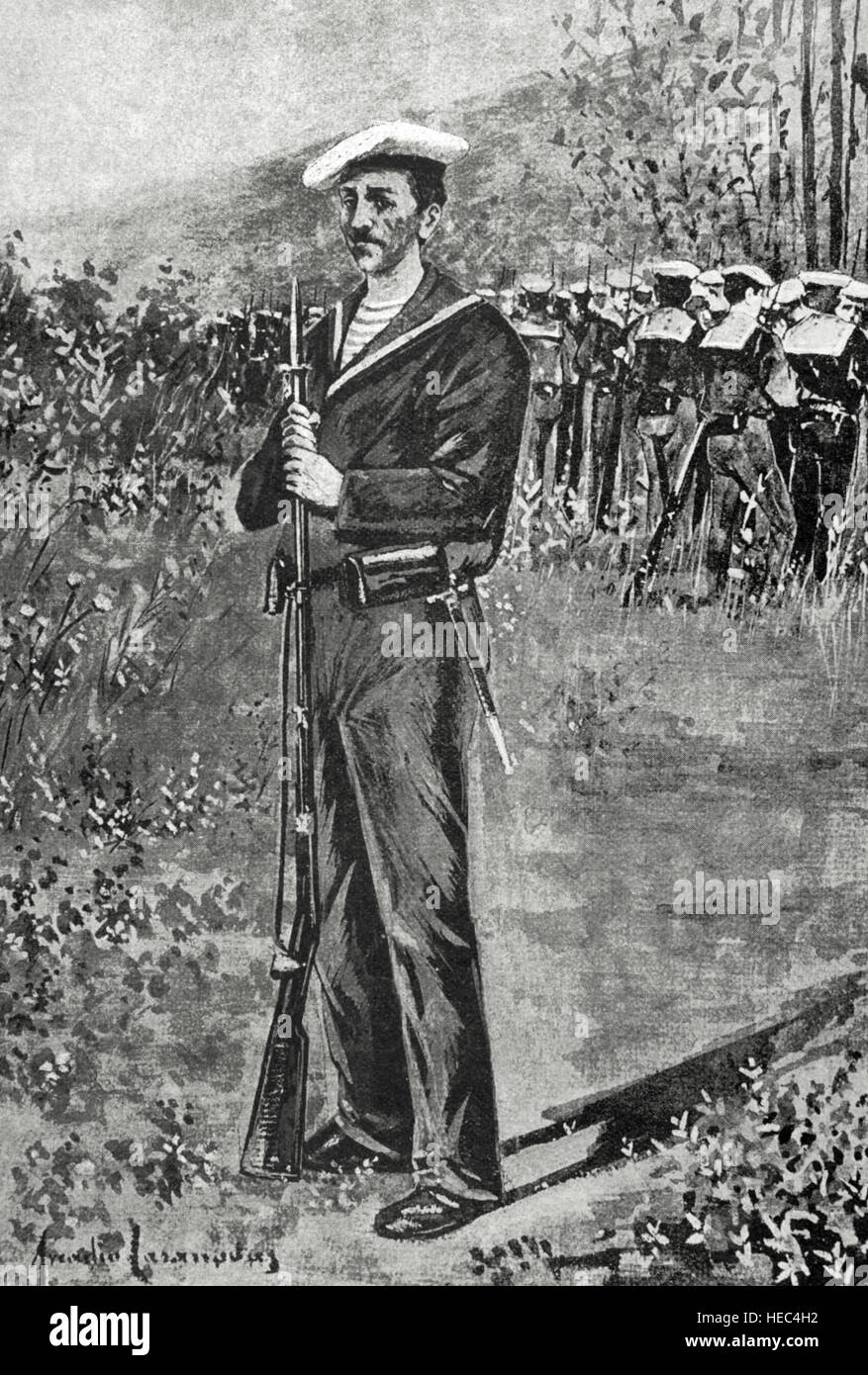 Guerre hispano-américaine, entre l'Espagne et les États-Unis en 1898, en raison de l'intervention américaine dans la guerre d'indépendance cubaine. La Marine espagnole marines débarquent à Santiago de Cuba. La gravure. ' La Ilustración Iberíca', 1898. Banque D'Images