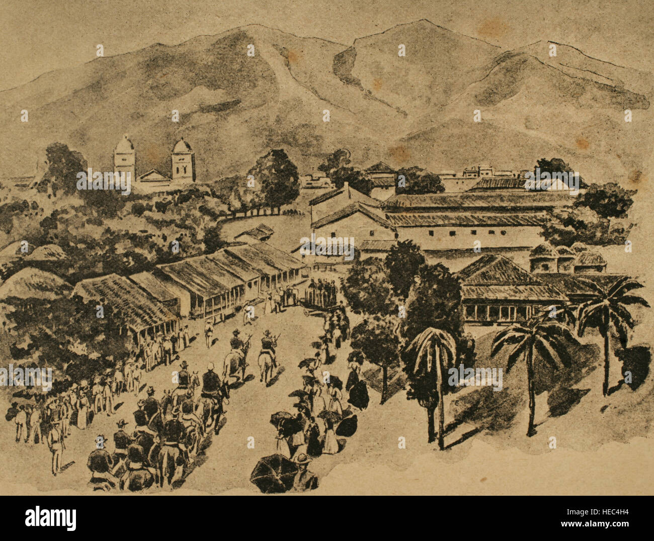 Guerre hispano-américaine, entre l'Espagne et les États-Unis en 1898, en raison de l'intervention américaine dans la guerre d'indépendance cubaine. Entrée des troupes américaines dans la région de Santiago de Cuba. La gravure. ' La Ilustración Iberíca', 1898. Banque D'Images