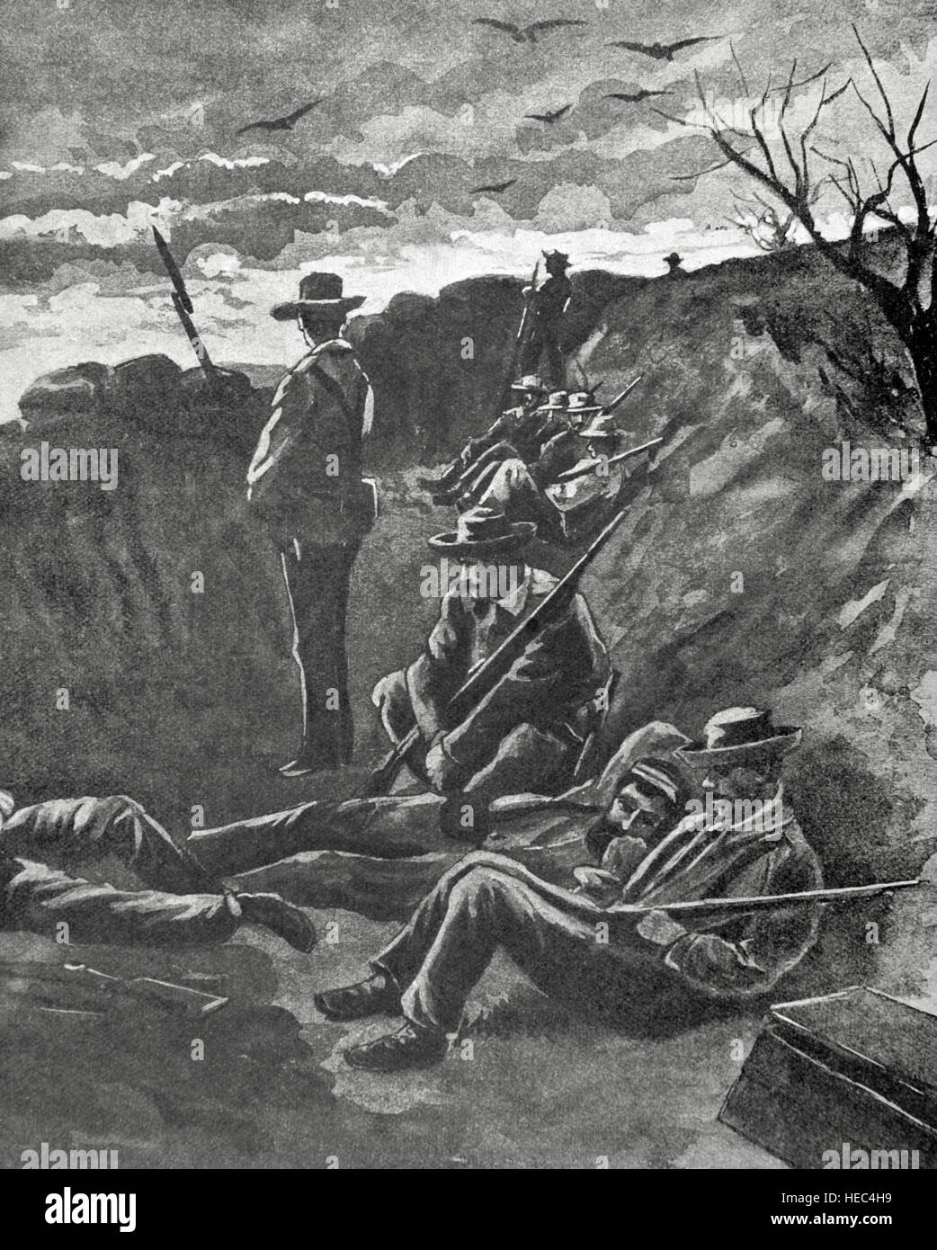 Guerre hispano-américaine, entre l'Espagne et les États-Unis en 1898, en raison de l'intervention américaine dans la guerre d'indépendance cubaine. Les troupes espagnoles dans les tranchées de Guantanamo. La gravure. ' La Ilustración Iberíca', 1898. Banque D'Images