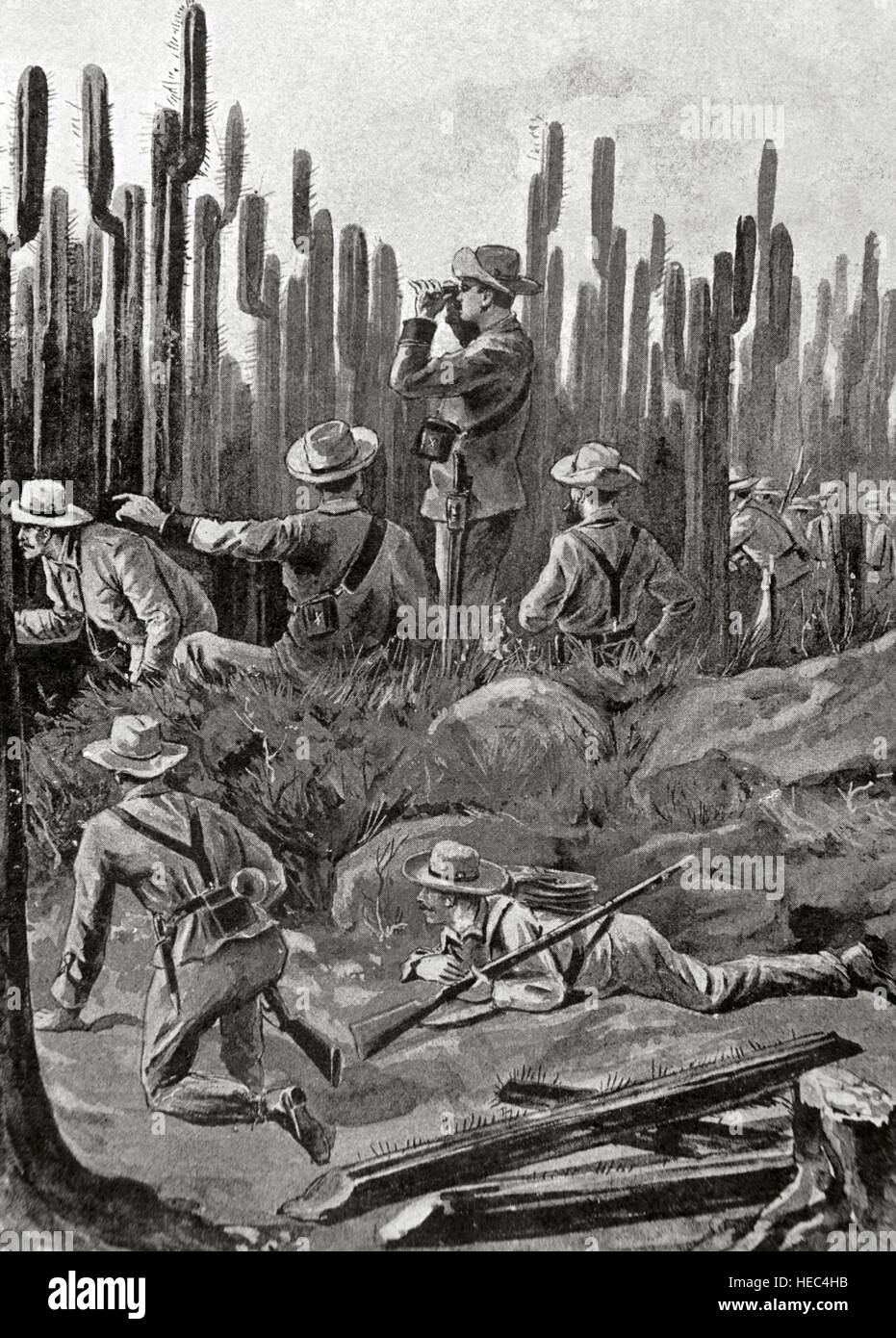 Guerre hispano-américaine, entre l'Espagne et les États-Unis en 1898, en raison de l'intervention américaine dans la guerre d'indépendance cubaine. Cuba. Une tranchée naturelle. La gravure. ' La Ilustración Iberíca, 1898.'' Banque D'Images
