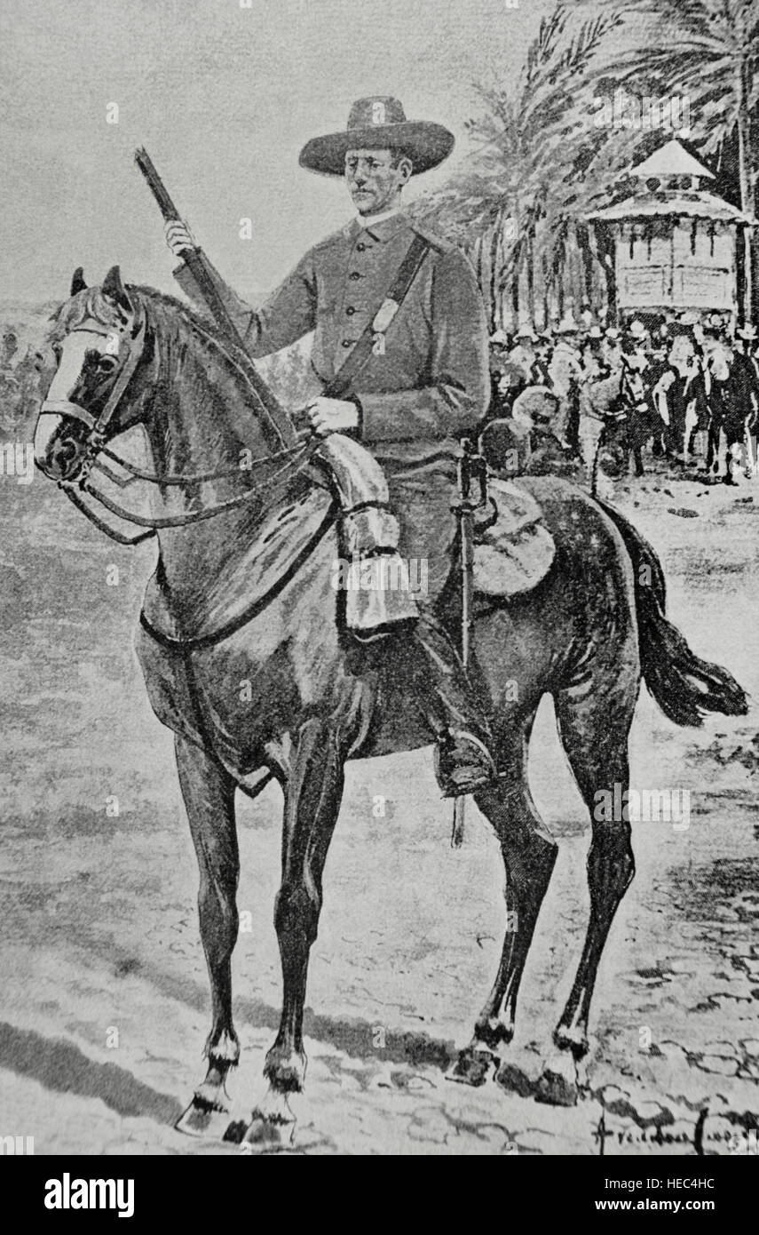 Guerre hispano-américaine, entre l'Espagne et les États-Unis en 1898, en raison de l'intervention américaine dans la guerre d'indépendance cubaine. Cuba. Soldat de cavalerie espagnole. La gravure. ' La Ilustración Iberíca, 1898.'' Banque D'Images