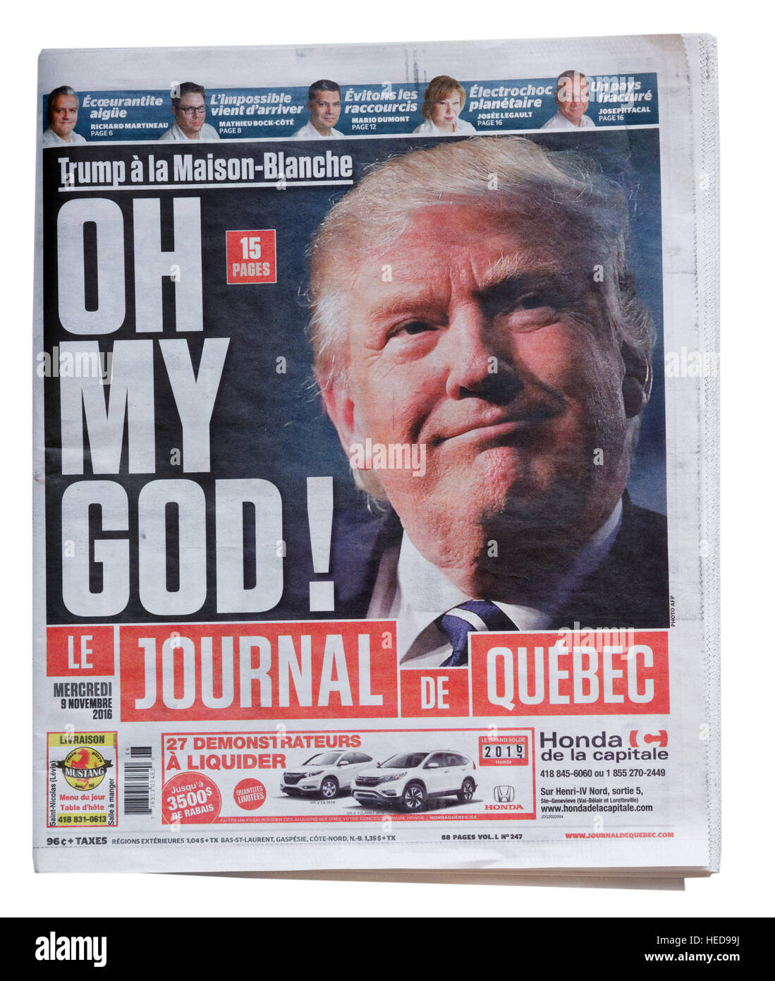 Le Journal de Québec à partir de la page avant le 9 novembre 2016 portant sur l'élection de Donald Trump, en tant que Président des Etats-Unis Banque D'Images