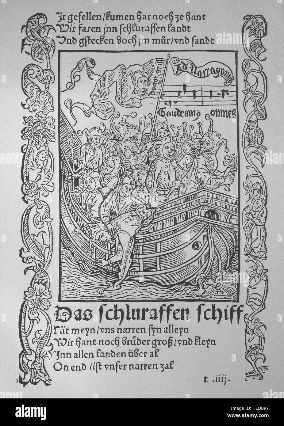 Une page de la première édition de la Narrenschiff ou Narrenschyff par Sebastian Brant, 1494, à partir d'une gravure sur bois de 1880, l'amélioration numérique Banque D'Images