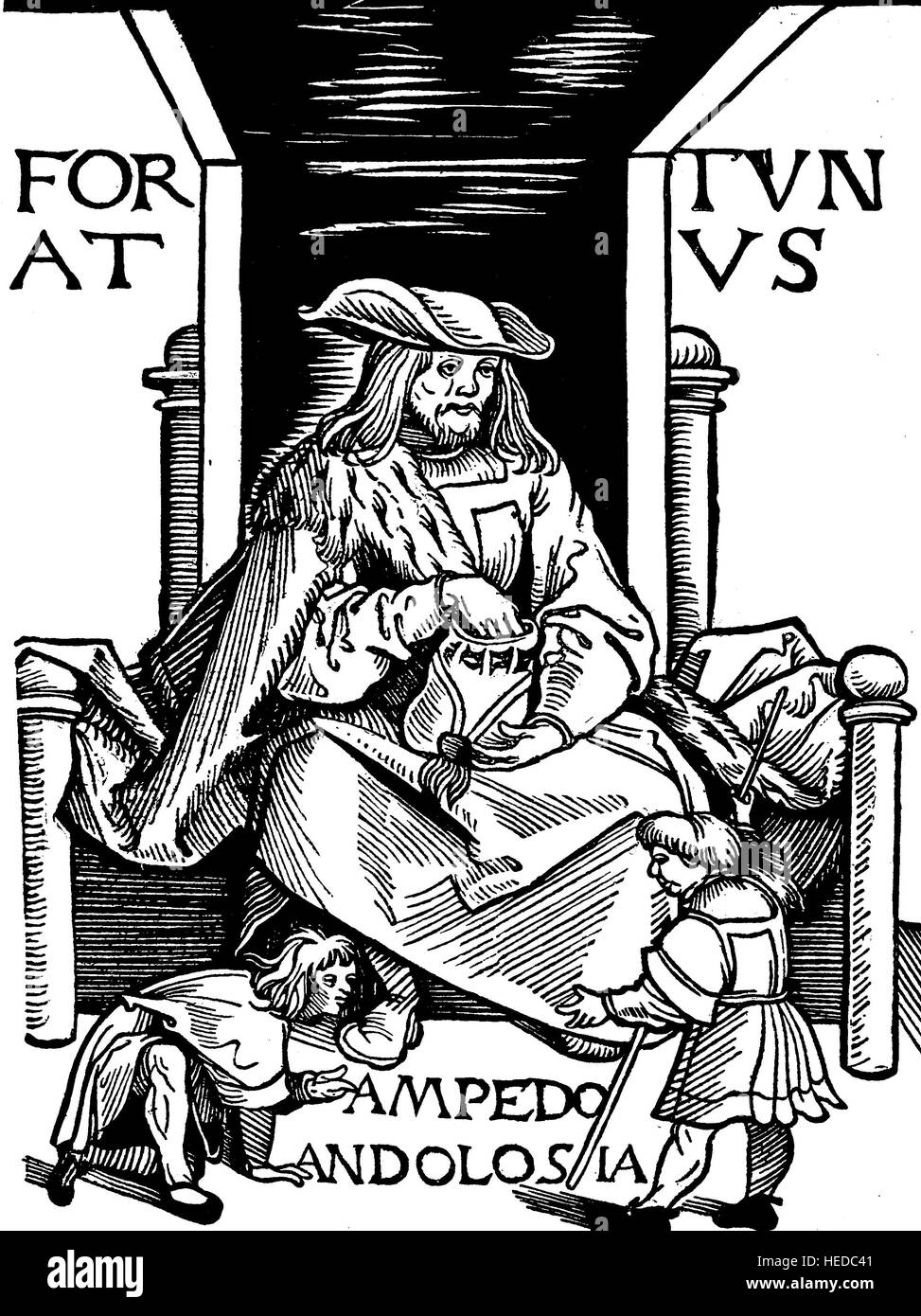 Page de titre de Ausgabe des Fortunatus, 1509, Fortunatus est un proto-roman ou d'un héros légendaire chapbook sur populaire au 15ème et 16ème siècle, l'Europe, à partir d'une gravure sur bois de 1880, l'amélioration numérique Banque D'Images