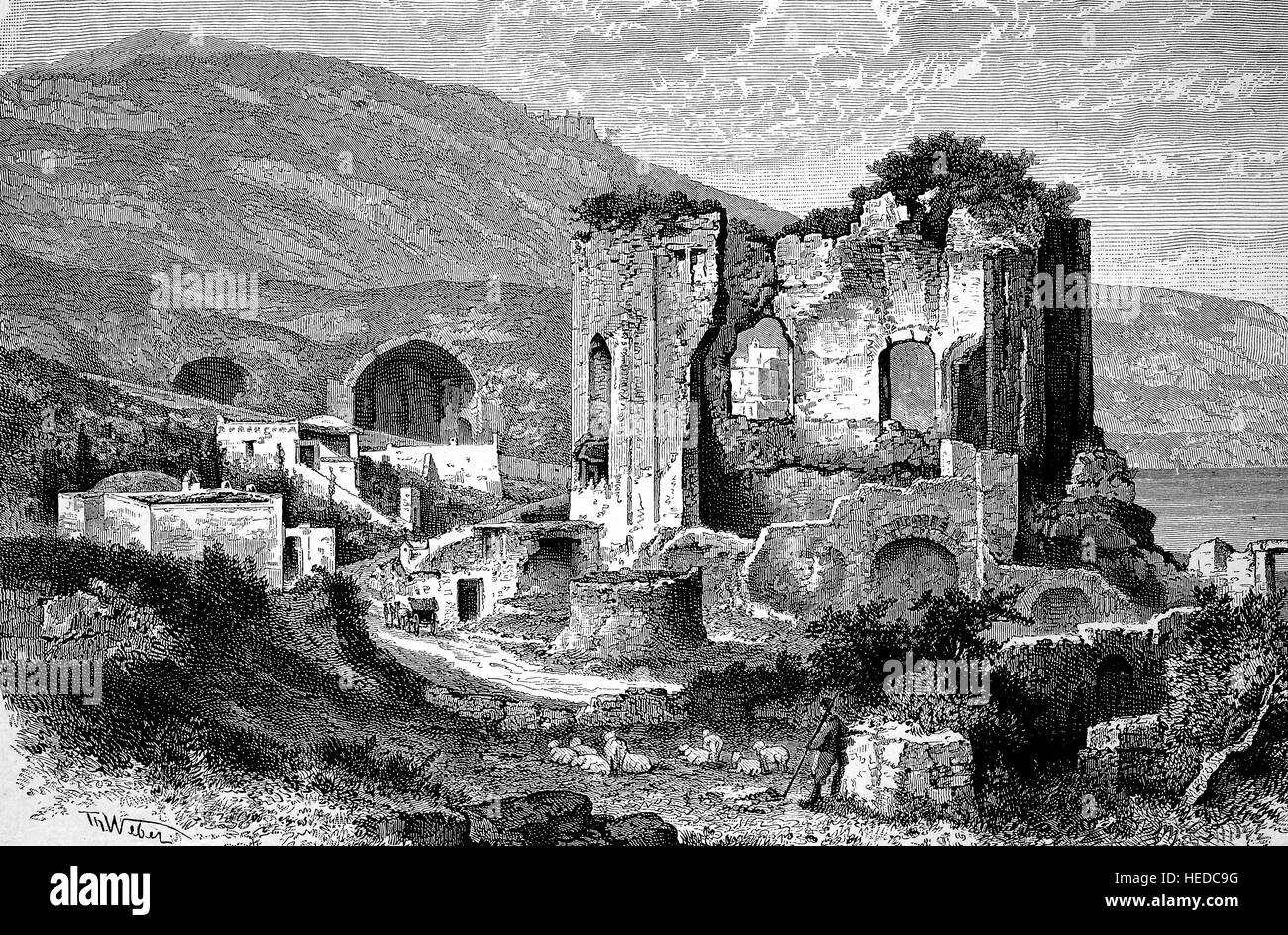 Ruines du temple de Vénus à Baja, une ancienne colonie sur le golfe de Naples, en Italie, à partir d'une gravure sur bois de 1880, l'amélioration numérique Banque D'Images