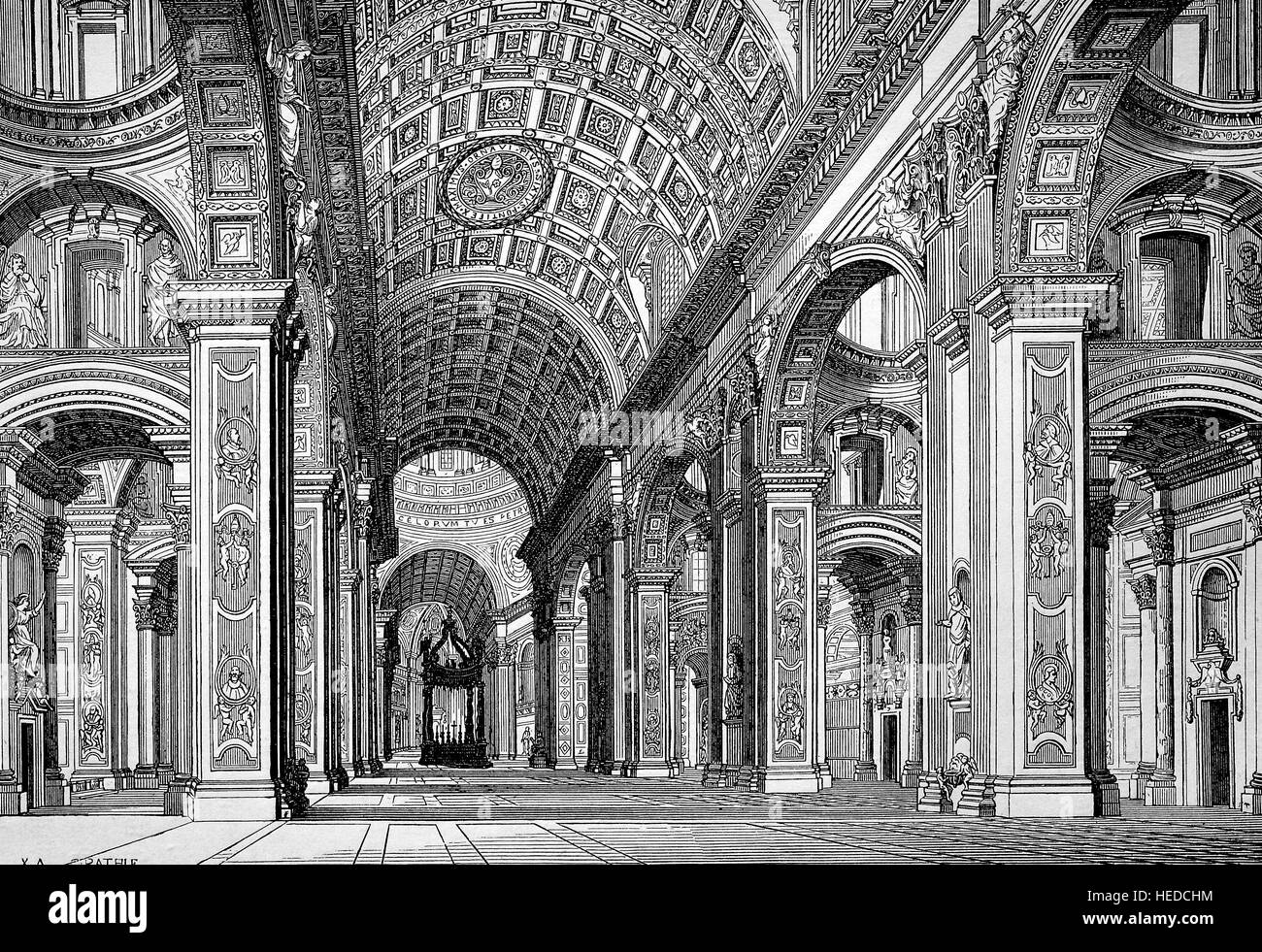 L'intérieur de la Basilique Papale de Saint Pierre au Vatican ou simplement la Basilique Saint Pierre, une église de la Renaissance italienne dans la Cité du Vatican, l'enclave des Papes dans la ville de Rome, à partir d'une gravure sur bois de 1880, l'amélioration numérique Banque D'Images