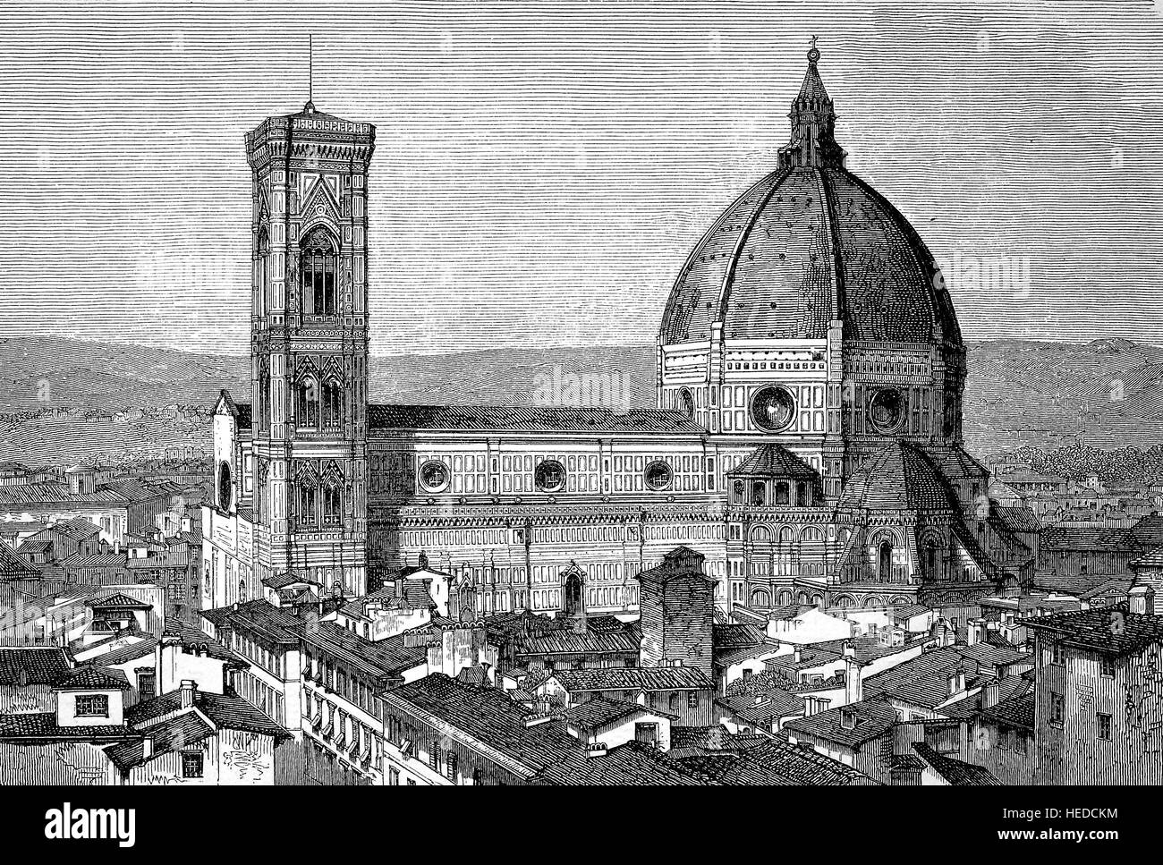 Le dôme de la cathédrale de Florence ou la Cathédrale de Sainte Marie des fleurs est la principale église de Florence, Italie, à partir d'une gravure sur bois de 1880, l'amélioration numérique Banque D'Images