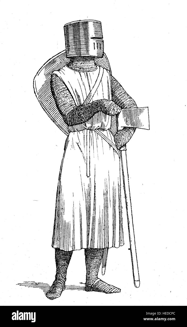 L'équipement de la chaîne du chevalier avec grande et helm ou heaume, également appelé pot barre, barre de godet et le corps ne helmfrom le 12e siècle, à partir d'une gravure sur bois de 1880, l'amélioration numérique Banque D'Images