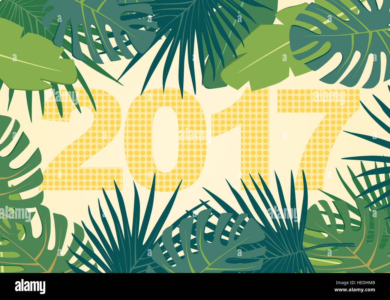 Résumé fond avec des feuilles de palmiers et de verdure Nouvelle année 2017 inscription en pointillés Banque D'Images