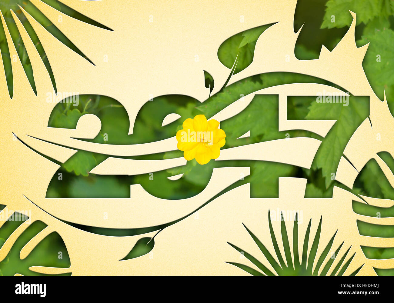 Nouvelle illustration numérique 2017 année de l'écologie avec verdure ombre feuilles fleur jaune au centre et de feuilles de palmier Banque D'Images