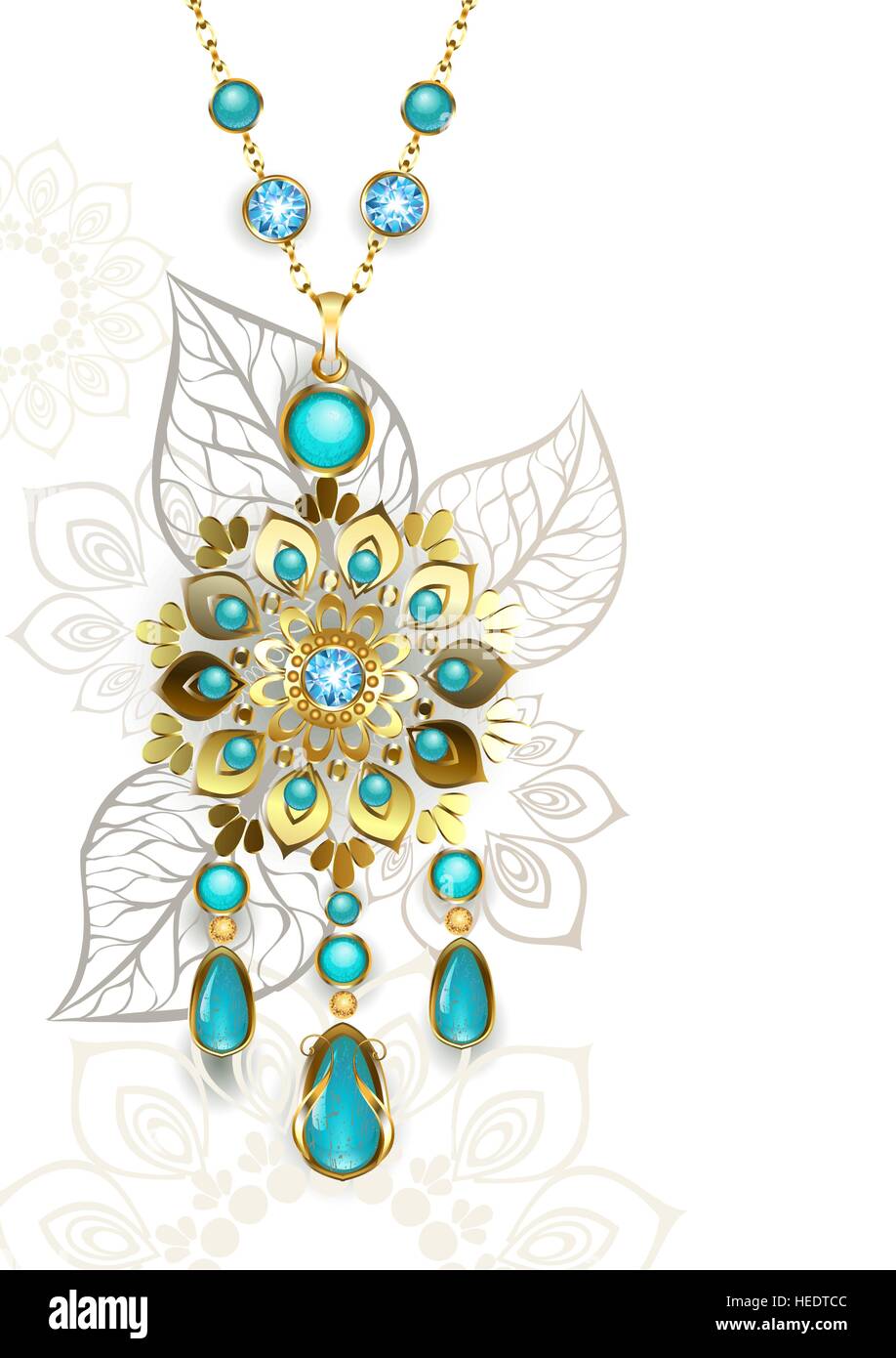Médaillon or décorées dans un style oriental sur un fond à motifs turquoise clair. La conception de bijoux. Illustration de Vecteur