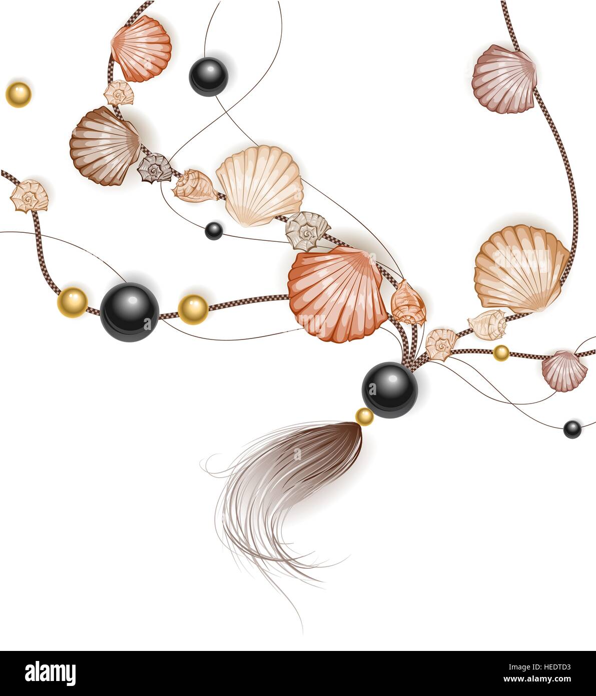 Collier de coquillages, marron et beige, avec des perles noires et jaunes. Illustration de Vecteur