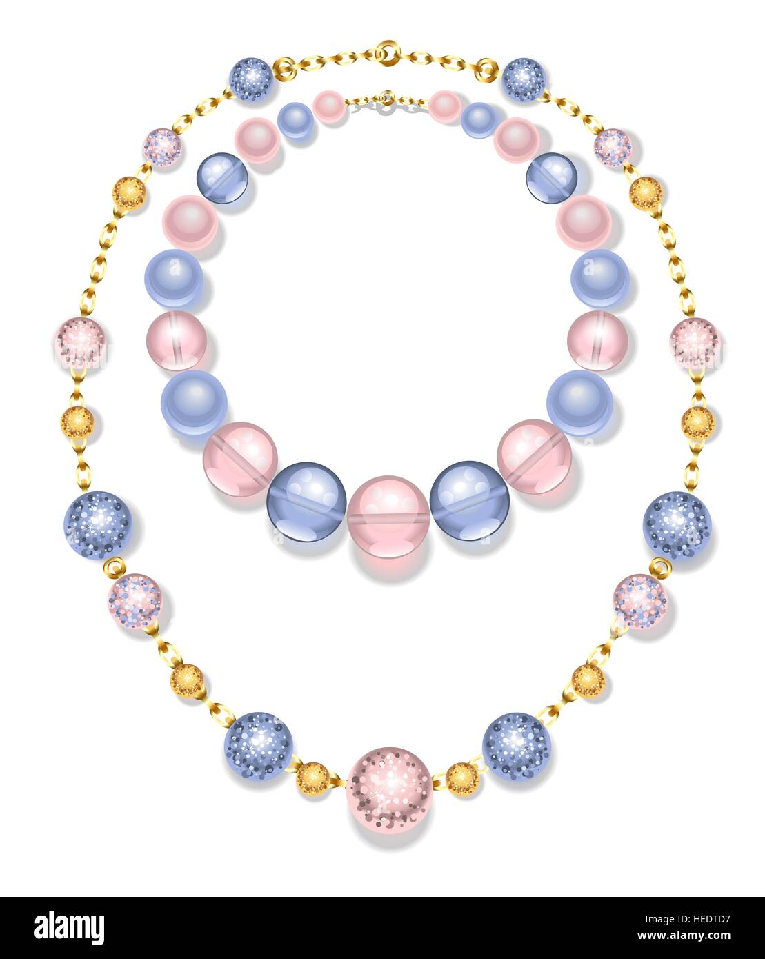 Collier de perles et des chaînes en or fashion, rose et bleu sur fond blanc. Quartz rose et de sérénité. Illustration de Vecteur
