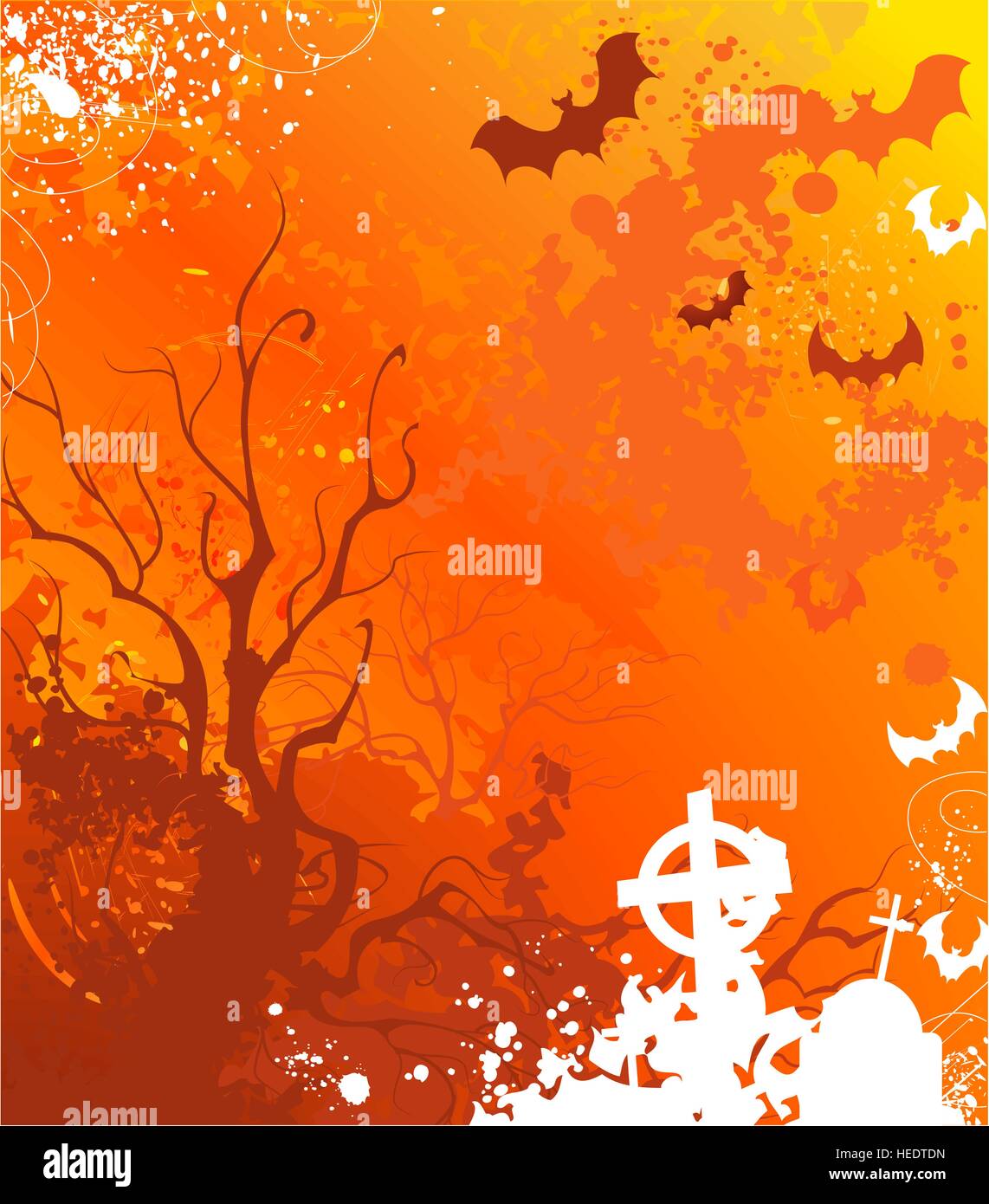 Contexte à l'halloween avec des arbres desséchés et tombes abandonnées, peint peinture orange vif. Illustration de Vecteur