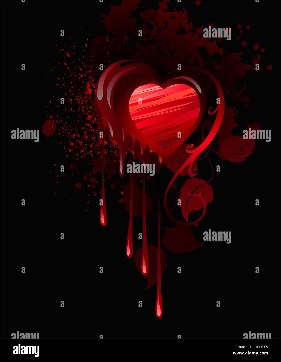 Cœur, dessiné dans la peinture rouge et décoré avec des feuilles de roses sur un fond sombre. Illustration de Vecteur