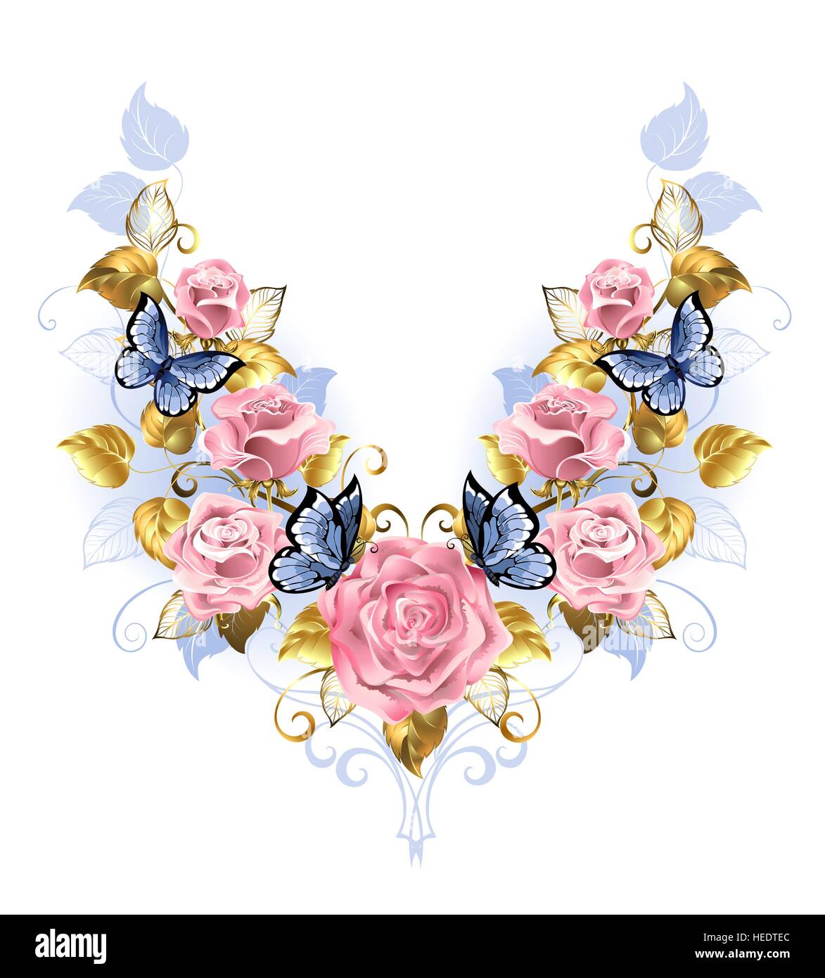 Motif symétrique de roses roses, papillon bleu, bleu et feuille d'or sur un fond blanc. Conception avec roses. Rose rose. Couleurs tendance. Quartz Rose Illustration de Vecteur