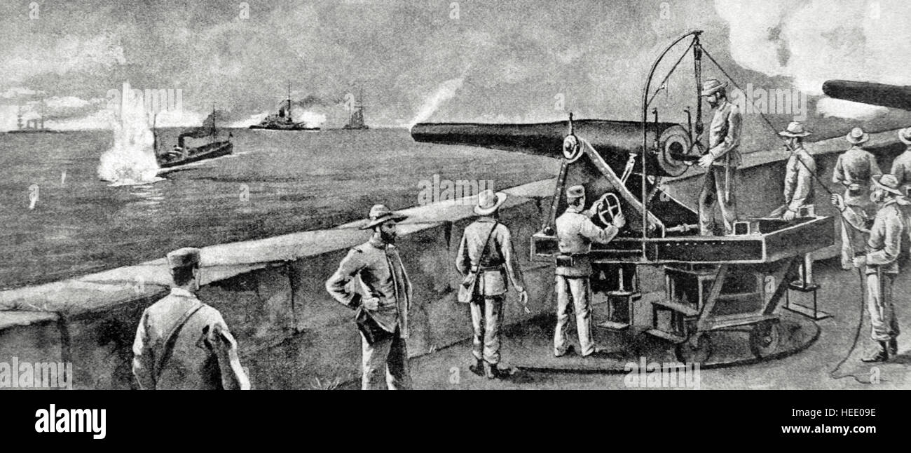 Guerre hispano-américaine, entre l'Espagne et les États-Unis en 1898, en raison de l'intervention américaine dans la guerre d'indépendance cubaine. Cuba. Santiago de Cuba. Naufrage du Merrimac par un lance-torpilles. Bataille navale de Santiago de Cuba, le 3 juillet 1898. La gravure. ' La Ilustración Iberíca, 1898.'' Banque D'Images