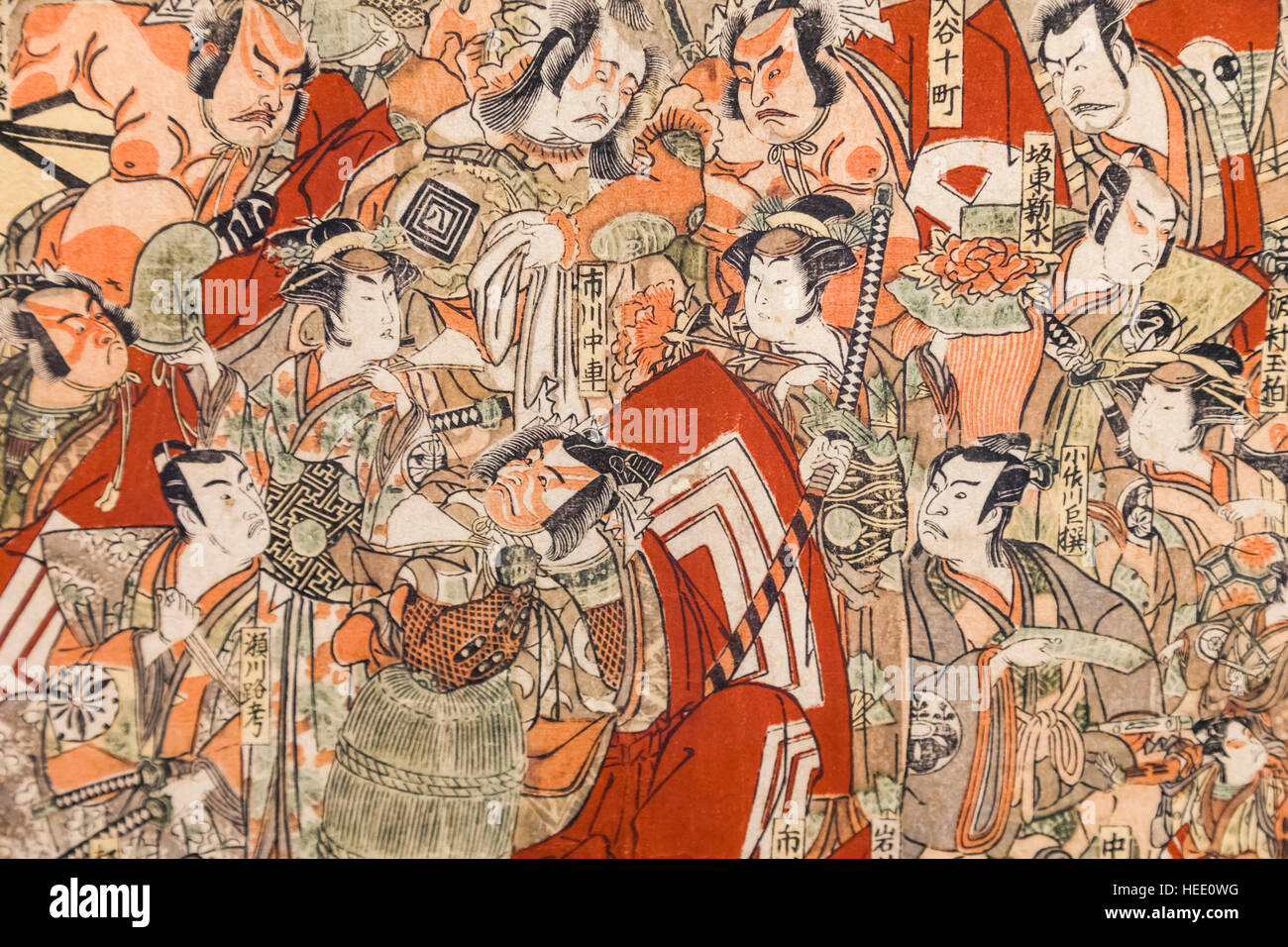 Le Japon, Honshu, Tokyo, Ueno Park, Musée National de Tokyo, Honkan Hall, montrant d'acteurs de Kabuki des trois théâtres d'Edo par Katsukawa Shunko Banque D'Images