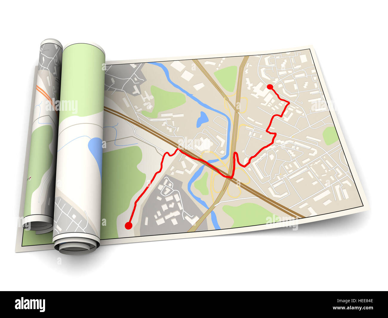 Illustration 3d de la carte avec l'itinéraire rouge sur elle Banque D'Images