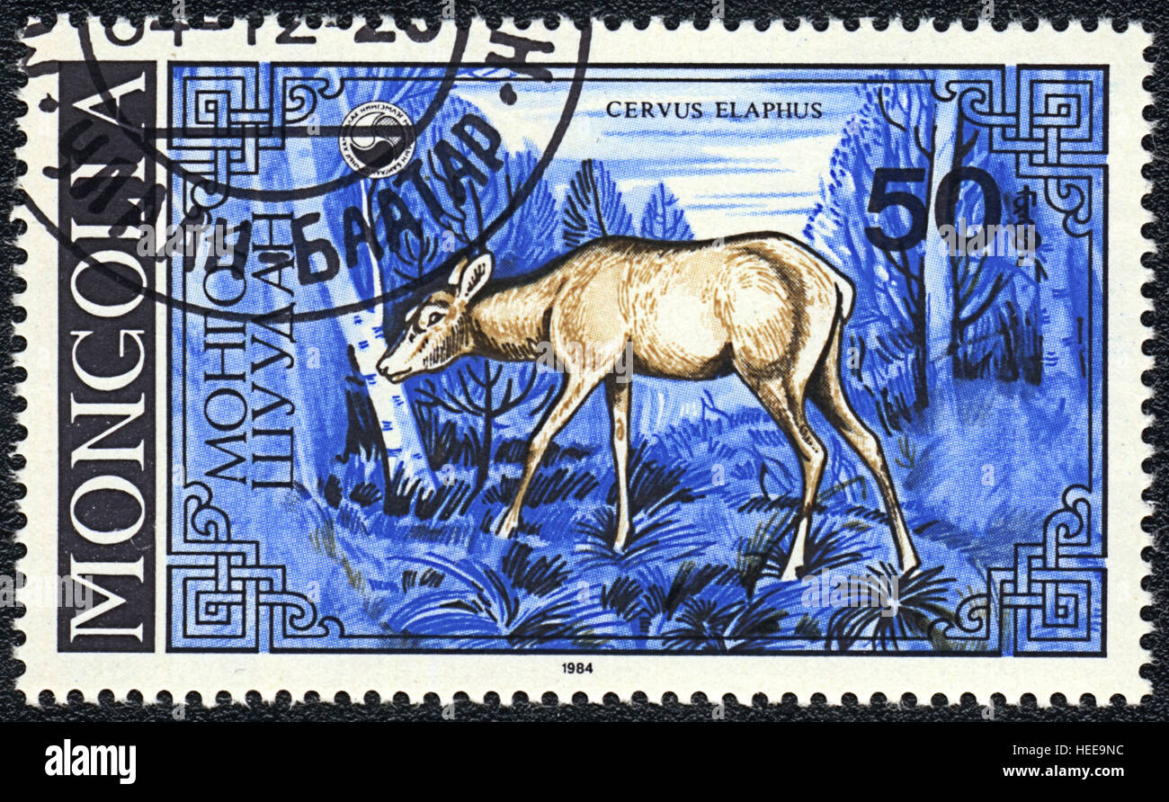 Un timbre-poste imprimé en Mongolie montre femme deer (Cervus elaphus), série, 1984 Banque D'Images