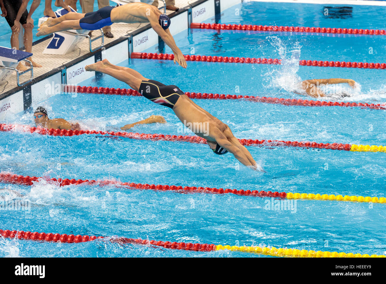 Rio de Janeiro, Brésil. 7 août 2016. Team USA-Ryan a tenu, Nathan Adrian, Michael Phelps, Caeleb Dressel concurrentes dans les Men's 4 x 100m libre Re Banque D'Images