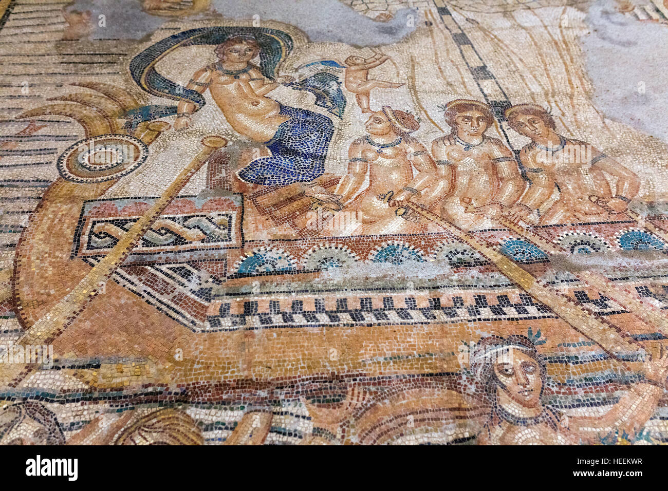 Le voyage de Vénus, mosaïque romaine de Volubilis, Musée des arts marocains et des antiquités, Tanger, Maroc Banque D'Images