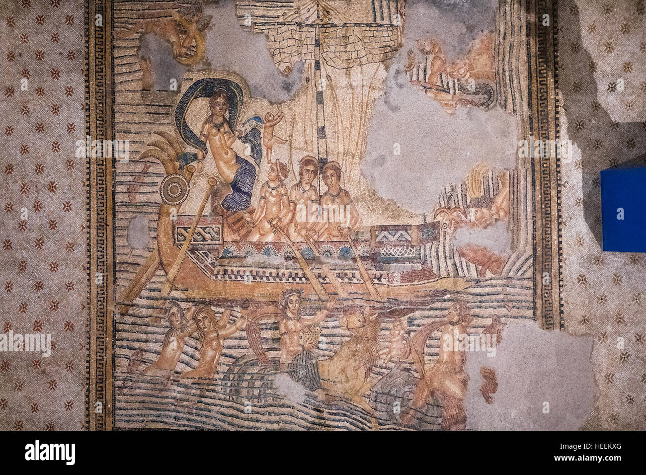 Le voyage de Vénus, mosaïque romaine de Volubilis, Musée des arts marocains et des antiquités, Tanger, Maroc Banque D'Images