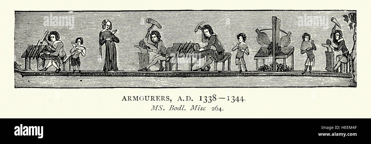 Illustration médiévale d'armuriers au travail, 14e siècle Banque D'Images