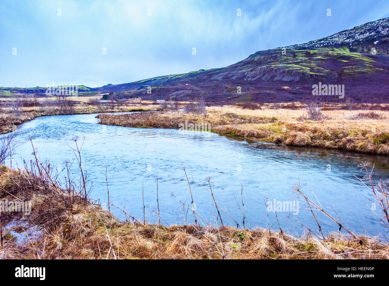 Vues sur les plaines côtières près de Borgarnes, à l'ouest de l'Islande. Cette zone est au nord-est de Reykjavik. Banque D'Images