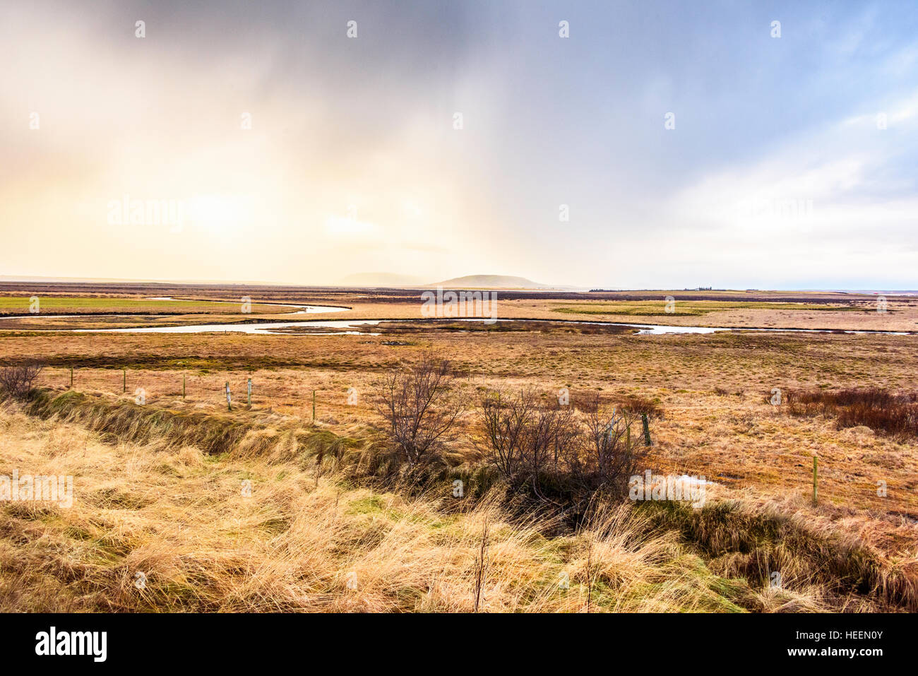 Vues sur les plaines côtières près de Borgarnes, à l'ouest de l'Islande. Cette zone est au nord-est de Reykjavik. Banque D'Images