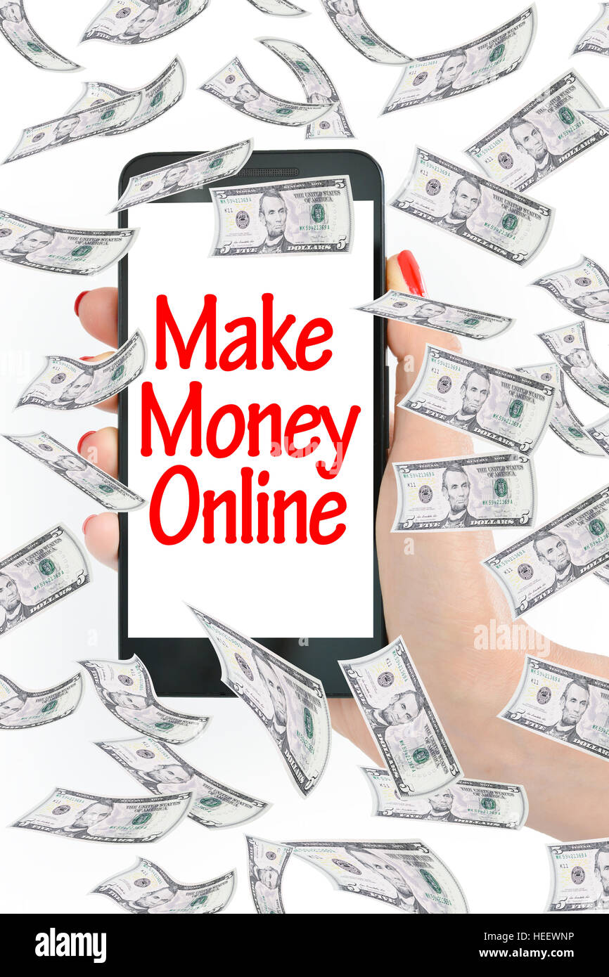 Faire de l'argent en ligne, un message sur smartphone avec le vol de l'argent Banque D'Images