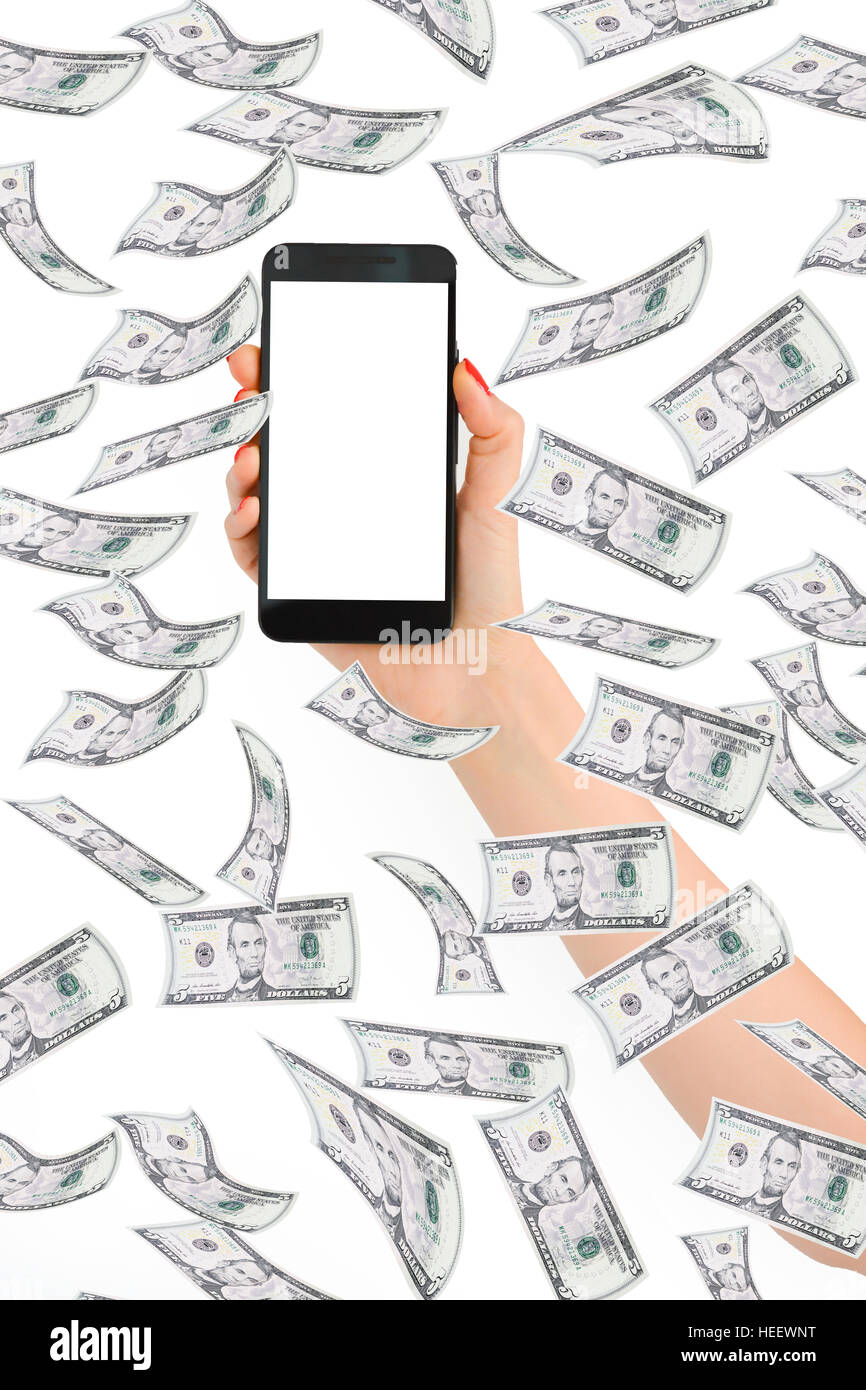 Faire de l'argent en ligne concept avec flying dollar bills and Smartphone avec écran vide Banque D'Images