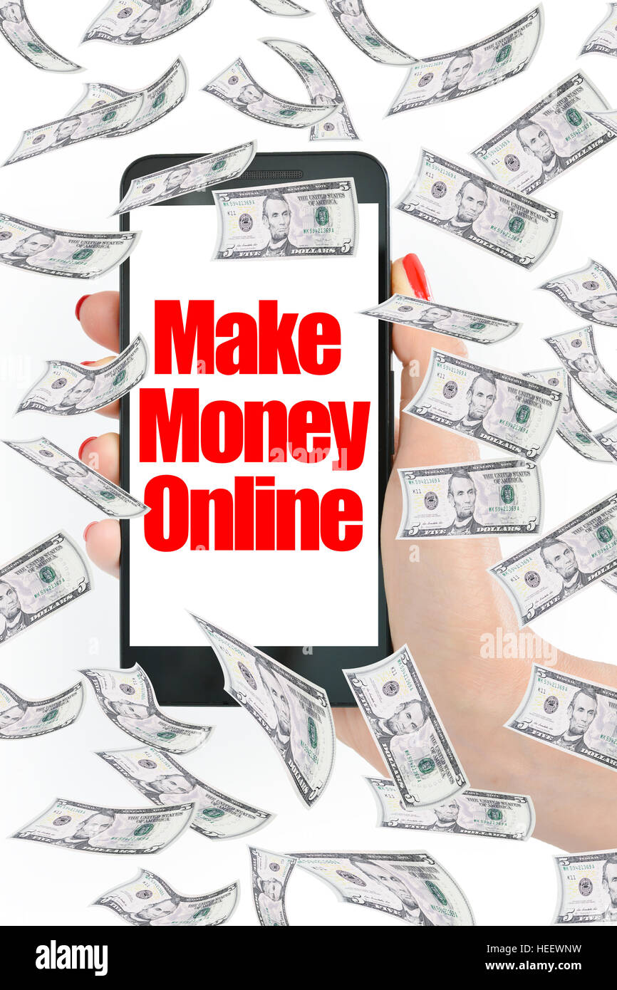Faire de l'argent en ligne, un message sur smartphone avec le vol de l'argent Banque D'Images