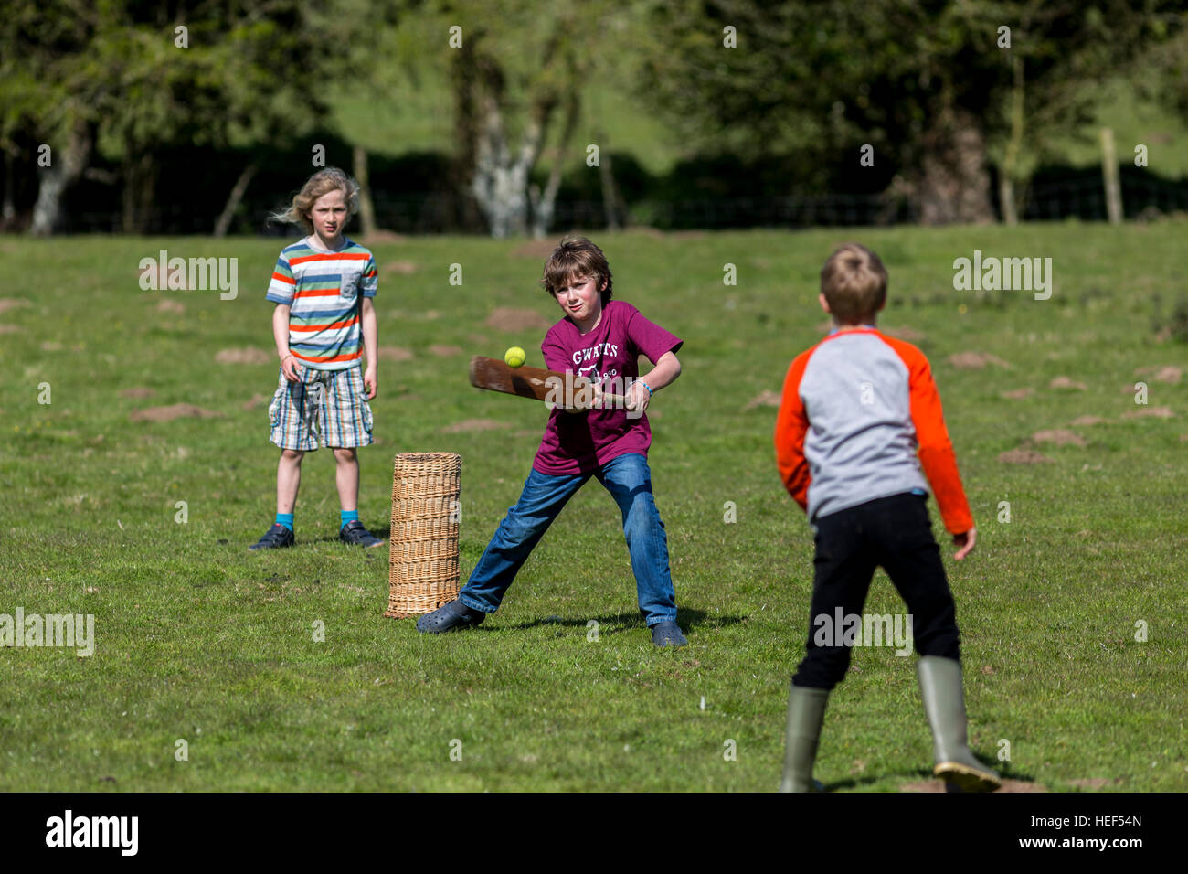 Les enfants jouer au cricket dans un champ de l'agriculteur de Kent, Royaume-Uni. Banque D'Images