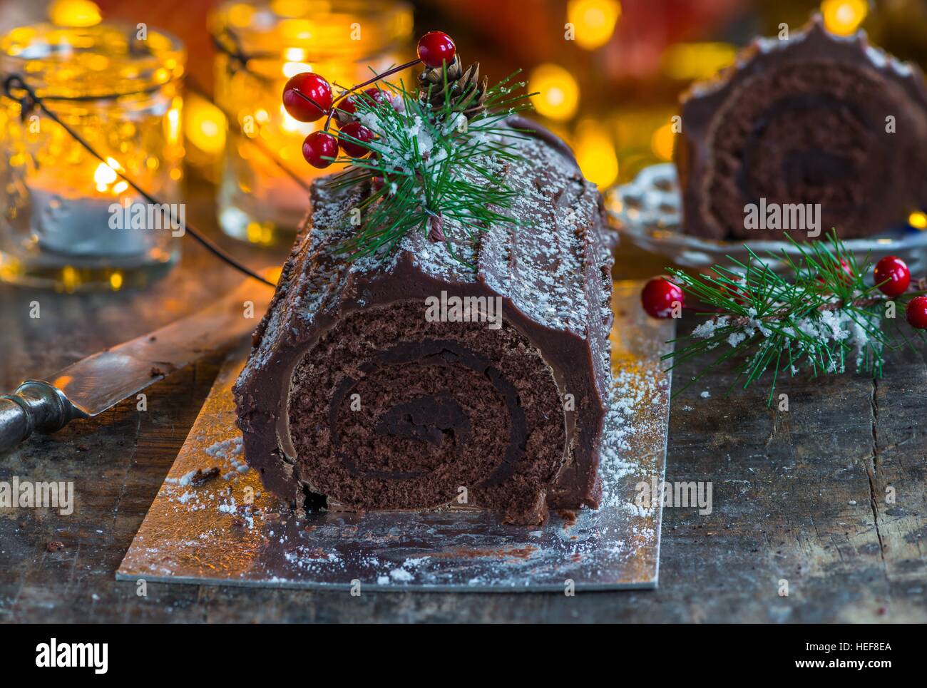 Bûche au chocolat de Noël Banque D'Images