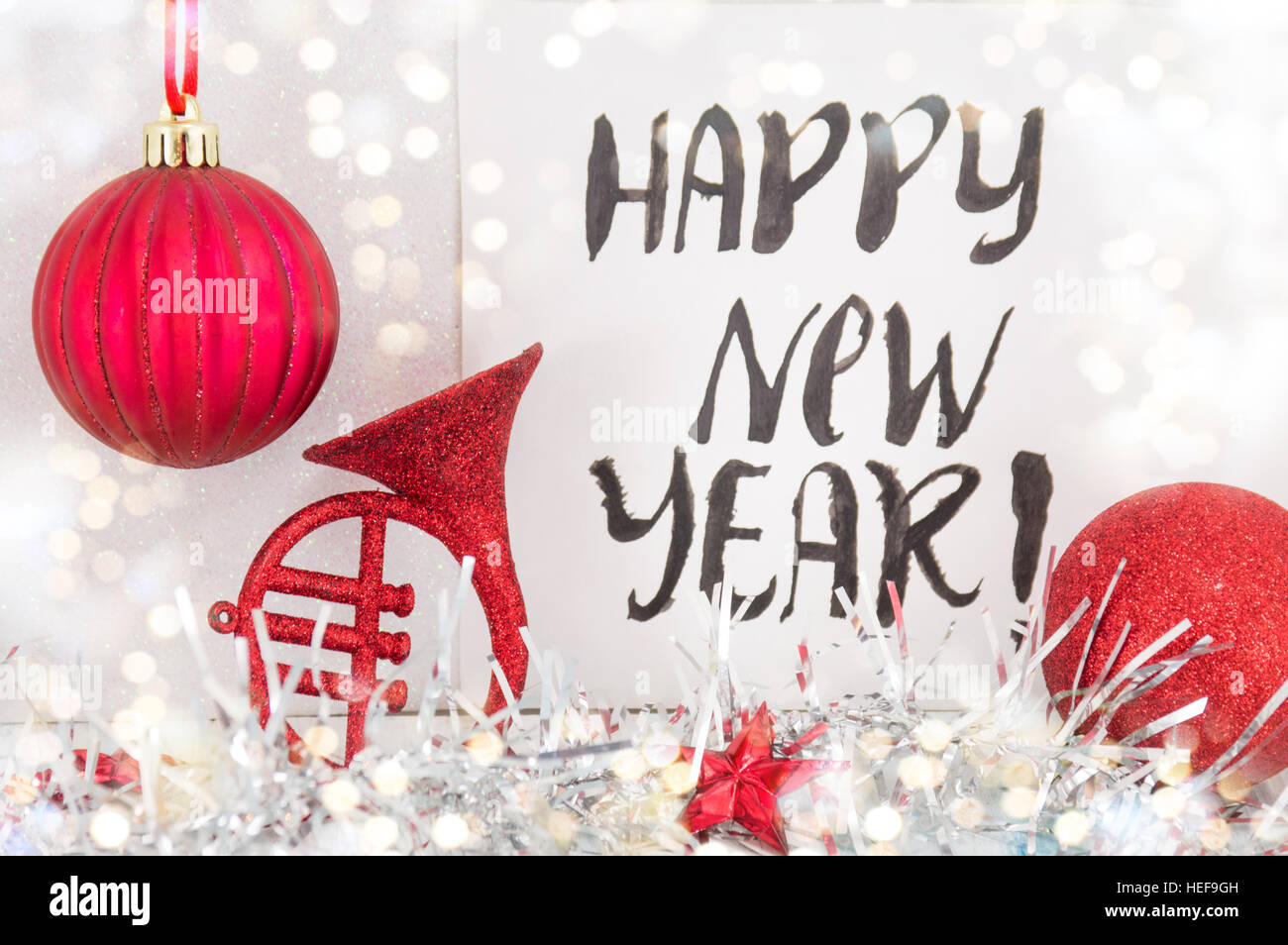 Bonne année carte avec des décorations de Noël Banque D'Images