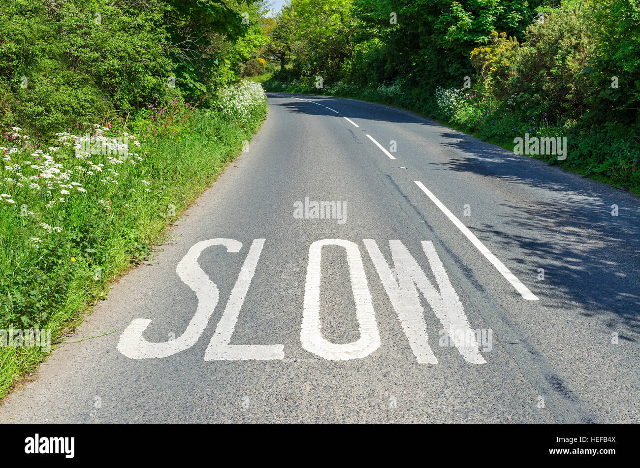 Un lent signe peint sur une route de campagne en Angleterre, Royaume-Uni Banque D'Images
