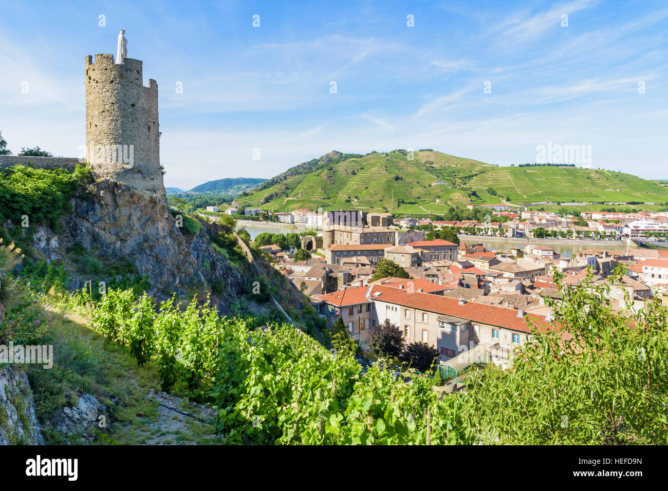 Tour de guet du 16ème siècle de l'Hôpital entouré de vignobles en terrasses au-dessus de Tournon-sur-Rhône, Ardèche, France Banque D'Images