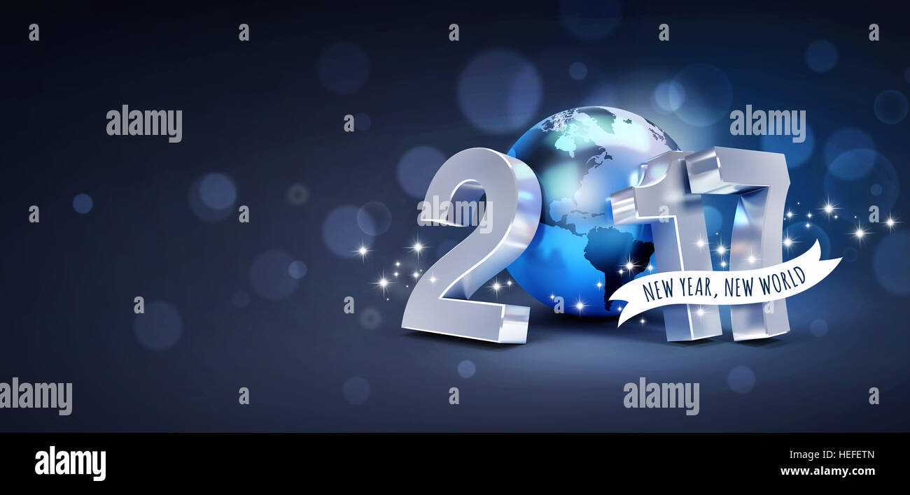Messages d'accueil et nouvelle année 2017 genre composé avec un bleu de la planète terre, sur un fond noir - 3D illustration Banque D'Images