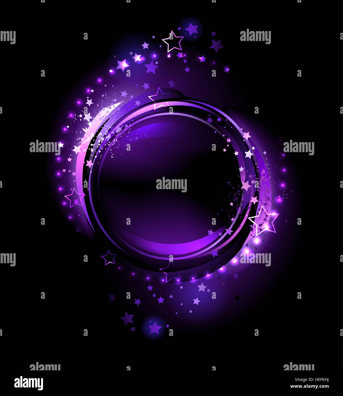 Purple, ardent , bannière ronde , décoré d'étoiles sur un fond noir. Illustration de Vecteur