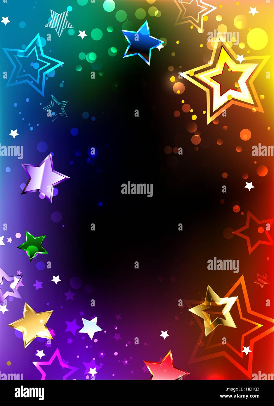 Arc-en-ciel, cadre lumineux avec des étoiles sur un fond sombre. Conception avec étoiles. Rainbow Star. Illustration de Vecteur