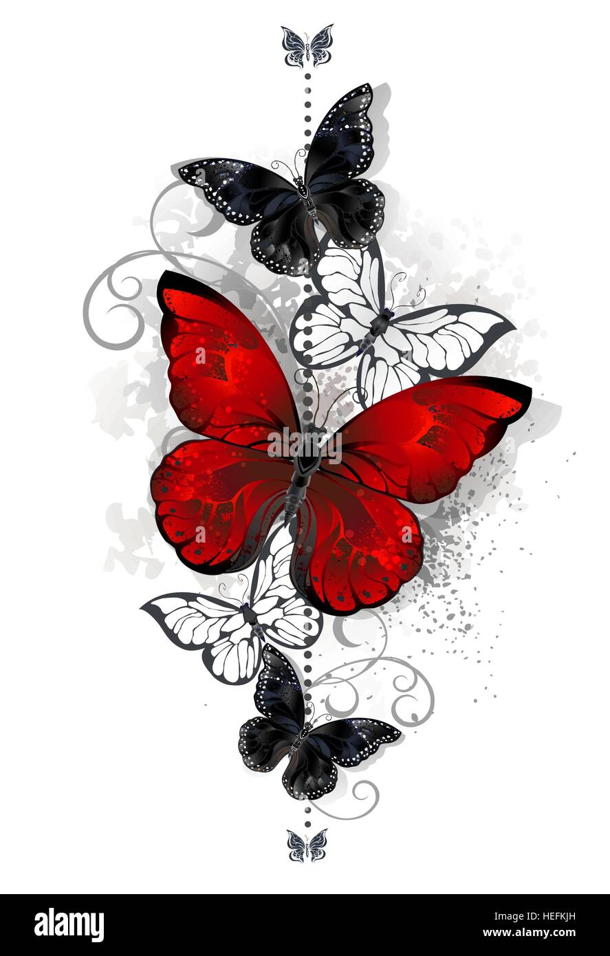 La composition d'un papillon noir et rouge vif papillons sur fond blanc. Style de tatouage. Morpho. Illustration de Vecteur