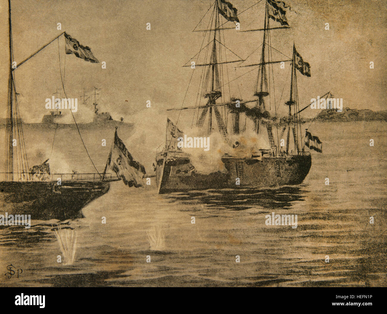 Guerre hispano-américaine, entre l'Espagne et les États-Unis en 1898, en raison de l'intervention américaine dans la guerre d'indépendance cubaine. Cuba. Le navire de croisière et la canonnière Venadito Nueva España mis en dispersion à la navires Yankee qui a bloqué la Havane. La gravure. ' La Ilustración Iberíca, 1898.'' Banque D'Images