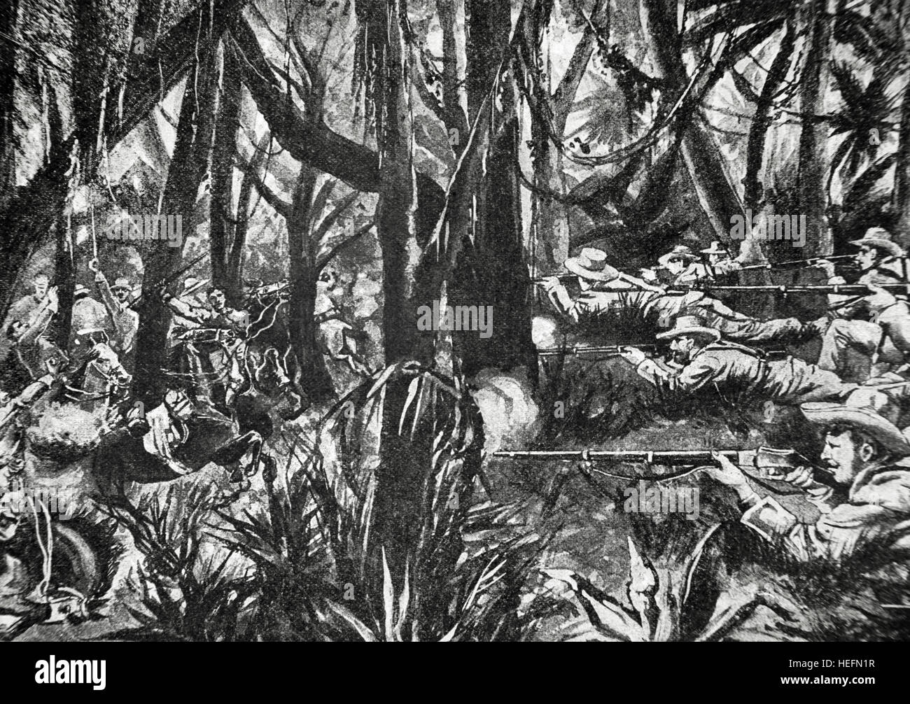Guerre hispano-américaine, entre l'Espagne et les États-Unis en 1898, en raison de l'intervention américaine dans la guerre d'indépendance cubaine. Cuba. Défaite Yankee dans l'embuscade préparée par les troupes espagnoles dans la façon d'Altares à. Juragua La gravure. ' La Ilustración Iberíca, 1898.'' Banque D'Images