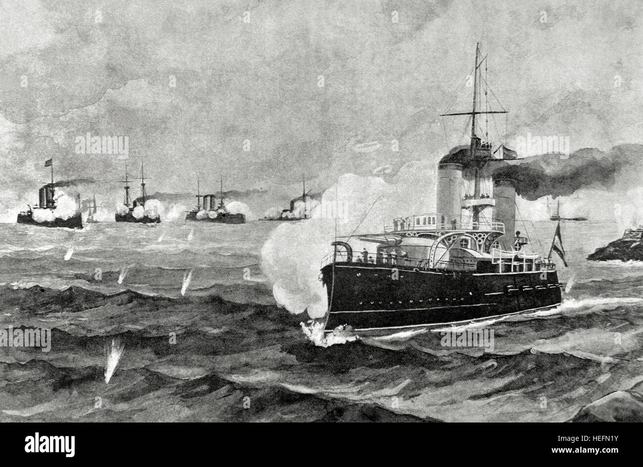 Guerre hispano-américaine, entre l'Espagne et les États-Unis en 1898, en raison de l'intervention américaine dans la guerre d'indépendance cubaine. Cuba. Le croiseur Colon, laissant la baie de Santiago, disperse les navires Yankee que bombardé le site le 31 mai. La gravure. ' La Ilustración Iberíca, 1898.'' Banque D'Images